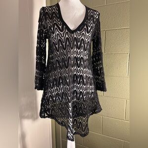 Black Lace Tunic Top, pullover, 3/4” flare sleeve; XS
